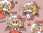  1girl ascot blonde_hair closed_mouth fang fang_out flandre_scarlet four_of_a_kind_(touhou) frilled_shirt_collar frilled_skirt frills hands_on_hips hat malrangdonut mob_cap multicolored_wings open_mouth puffy_short_sleeves puffy_sleeves red_eyes red_footwear red_skirt red_vest shirt short_sleeves simple_background skirt skirt_set socks solid_circle_eyes touhou vest white_headwear white_shirt white_socks wings yellow_ascot 