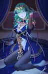  1girl absurdres bangs braid breasts byleth_(fire_emblem) byleth_(fire_emblem)_(female) cleavage cosplay dress fire_emblem fire_emblem:_three_houses green_eyes green_hair hair_ornament hair_ribbon highres jewelry large_breasts long_hair looking_at_viewer pantyhose ribbon ribbon_braid solo sothis_(fire_emblem) sothis_(fire_emblem)_(cosplay) tiara toho10min twin_braids 
