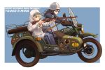  2girls bangs baseball_cap blue_eyes blue_pants brown_hair coat girls_und_panzer girls_und_panzer_saishuushou goggles ground_vehicle gun hat highres hooded_coat kaisoku_hirosuko mika_(girls_und_panzer) motor_vehicle motorcycle multiple_girls pants rifle short_hair sidecar sticker track_pants weapon white_coat youko_(girls_und_panzer) 