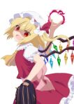 1girl apple ascot back_bow baseball_mitt blonde_hair bow commentary_request cowboy_shot crystal fang flandre_scarlet food frilled_shirt_collar frilled_skirt frilled_sleeves frills from_side fruit hair_between_eyes hat hat_ribbon head_tilt highres holding holding_food holding_fruit looking_at_viewer mob_cap multicolored_wings open_mouth pink_bow puffy_short_sleeves puffy_sleeves red_eyes red_ribbon red_skirt red_vest ribbon shirt short_sleeves simple_background skirt skirt_set solo sugiyama_ichirou touhou v-shaped_eyebrows vest white_background white_headwear white_shirt wings yellow_ascot 