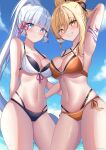  2girls arm_around_back arm_behind_back arm_up armpits asymmetrical_docking bangs beach bikini blue_eyes blunt_bangs blush breast_press breasts chinese_knot closed_mouth cowboy_shot floating_hair from_below genshin_impact grin hair_ornament highres kamisato_ayaka large_breasts layered_bikini long_hair looking_at_viewer maru.selinn medium_breasts mole mole_under_eye multiple_girls navel o-ring ponytail single_sidelock sky smile swimsuit tattoo tsurime very_long_hair white_hair yellow_eyes yoimiya_(genshin_impact) 