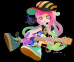  1girl 2022 aqua_footwear artist_name baseball_cap black_background black_shirt clownfish colored_skin daami_(daami2000) eyelashes fish full_body gradient_hair gradient_skin green_eyes green_hair guitar harmony&#039;s_clownfish_(splatoon) harmony_(splatoon) hat highres holding holding_instrument instrument long_hair multicolored_hair multicolored_skin no_nose open_mouth pink_hair pink_pupils pink_skin shirt simple_background sitting skateboard splatoon_(series) striped striped_headwear tentacle_hair two-tone_hair two-tone_skin 