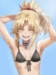  1girl armpits arms_behind_head arms_up bangs bare_shoulders bikini black_bikini blonde_hair braid breasts closed_eyes collarbone fate/apocrypha fate_(series) french_braid highres jewelry long_hair mordred_(fate) mordred_(fate/apocrypha) necklace open_mouth parted_bangs ponytail showering sidelocks small_breasts smile swimsuit tonee wet 