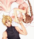  1boy 1girl aerith_gainsborough artist_name bangs bare_arms blonde_hair blue_eyes blue_shirt braid braided_ponytail breasts brown_hair choker closed_eyes cloud_strife couple dress final_fantasy final_fantasy_vii final_fantasy_vii_remake hair_ribbon highres holding_hands long_dress long_hair looking_at_another lying medium_breasts on_back on_side parted_bangs parted_lips pink_dress pink_ribbon ribbon shirt short_hair sidelocks sleeveless sleeveless_turtleneck smile spiked_hair turtleneck upper_body white_background yco_030601 