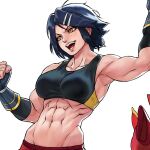  1girl abs black_hair breasts close-up fingerless_gloves gloves hair_ornament hairpin jamrolypoly large_breasts looking_to_the_side muscular muscular_female original short_hair solo sports_bra undressing yellow_eyes 