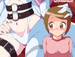  2girls age_difference angewomon asymmetrical_clothes belt blush brown_eyes brown_hair digimon digimon_adventure gloves hand_on_another&#039;s_head looking_at_another lower_body multiple_girls navel o-ring onee-loli pink_nails single_glove stomach supermondobeat sweatdrop thigh_belt thigh_strap upper_body yagami_hikari yuri 
