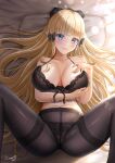  1girl absurdres bangs bare_shoulders black_bow blonde_hair blue_eyes blunt_bangs blush bow breasts brown_pantyhose cleavage closed_mouth collarbone elf from_above hair_bow highres lace large_breasts lingerie long_hair looking_at_viewer lying navel nori_chazuke on_back panties panties_under_pantyhose pantyhose pillow pointy_ears princess_connect! saren_(princess_connect!) smile solo spread_legs thighs underwear very_long_hair 