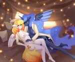  anthro anthro_on_anthro blue_body blue_feathers breasts duo equid equine feathers female female/female friendship_is_magic genitals hi_res horn mammal mostly_nude my_little_pony pegasus princess_luna_(mlp) pussy winged_unicorn wings xjenn9 