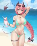  1girl absurdres arm_up armband beach bikini braid braided_ponytail breasts choker cleavage demon_girl demon_horns demon_tail ear_piercing earrings eyewear_on_head food green_bikini hair_ribbon highres horns ice_cream jewelry large_breasts licking_lips long_hair looking_at_viewer navel necklace original outdoors parfait_desu parfy_(parfait_ehmy) piercing pink_eyes pink_hair pubic_tattoo ribbon solo sundae sunglasses swimsuit tail tattoo thick_thighs thigh_gap thigh_strap thighs tongue tongue_out 