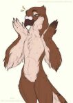  2019 ambiguous_gender anthro avian beak brown_beak brown_body brown_eyebrows brown_fur brown_head_tuft chest_tuft closed_smile dated elbow_tuft eyebrows eyelashes eyes_closed featureless_crotch front_view fur happy head_tuft hi_res mouth_closed portrait simple_background skarneti smile solo standing tan_body tan_fur text three-quarter_portrait tuft url 