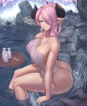  1girl alcohol ass bare_shoulders blue_eyes breasts butt_crack cleavage covered_nipples curvy draph from_side granblue_fantasy hair_over_one_eye highres horns knees large_breasts long_hair looking_at_viewer naked_towel narmaya_(granblue_fantasy) naughty_face nose onsen patreon_username pink_hair pointy_ears ponytail sake sideboob smile solo superbusty towel wading water 