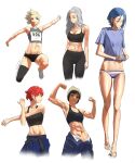  5girls abs arms_up blue_hair breasts cleavage clenched_hands flexing full_body highres jumping looking_at_viewer multiple_girls navel original parted_lips pose red_hair short_hair sideboob simple_background sports_bra sportswear tbocart white_background 