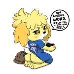  2019 absurd_res animal_crossing annoyed anthro barefoot blonde_hair bottomless butt canid canine clothed clothing dialogue dipstick_tail english_text feet female floppy_ears gaming hair hat headgear headwear hi_res isabelle_(animal_crossing) looking_at_viewer mammal markings nintendo pillothestar playing_videogame shirt signature simple_background speech_bubble tail_markings text text_on_clothing text_on_shirt text_on_topwear toes topwear video_games white_background 