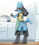  2022 anthro appliance apron apron_only blue_body blue_ears blue_fur blue_tail butt clothing fridge fur green_apron hi_res inside kitchen_appliance kitchen_utensils ladle looking_back lucario monotone_tail mostly_nude nintendo pok&eacute;mon pok&eacute;mon_(species) rear_view red_eyes shadow solo standing sum tools video_games 