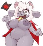  anthro areola bell bell_collar belly black_areola black_eyes bovid bovine breasts cape caprine clothing collar crown cult_of_the_lamb dark_body dark_skin female fluffy fur genitals hair hi_res horizontal_pupils horn lamb_(cult_of_the_lamb) legwear lhacedor mammal navel nipples one_eye_closed puffy_nipples pupils pussy sheep short_stack smile solo thigh_highs white_hair wide_hips wink wool_(fur) 