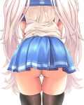  1girl ass black_thighhighs blue_skirt blurry blurry_background commentary_request frilled_skirt frills from_behind highres long_hair loose_clothes loose_shirt original panties pantyshot pink_hair reason_(ficafe) school_uniform shirt short_sleeves simple_background skirt solo thigh_gap thighhighs twintails underwear very_long_hair white_background white_panties white_shirt 