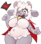  anthro bell bell_collar belly black_eyes bovid breasts cape caprine clothing collar crown cult_of_the_lamb dark_body dark_skin female fluffy fur hair hi_res horizontal_pupils horn lamb_(cult_of_the_lamb) legwear lhacedor mammal one_eye_closed pupils sheep short_stack smile solo thigh_highs white_hair wide_hips wink wool_(fur) 