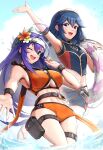  2girls ;d absurdres ahoge armpits ass_visible_through_thighs bare_shoulders belt bikini blue_bikini blue_eyes blue_hair blush breasts clothing_cutout day dutch_angle feet_out_of_frame fire_emblem fire_emblem:_path_of_radiance fire_emblem:_radiant_dawn fire_emblem_awakening fire_emblem_cipher fire_emblem_heroes flat_chest flower glint gonzarez green_eyes hair_flower hair_ornament hairband hibiscus highres innertube jumping large_breasts lens_flare long_hair looking_at_viewer lucina_(fire_emblem) mia_(fire_emblem) multiple_girls navel official_alternate_costume one_eye_closed open_mouth orange_bikini orange_flower outdoors purple_hair shorts simple_background smile splashing standing sunlight swimsuit symbol-shaped_pupils thigh_pouch thigh_strap thighhighs thighs tiara underboob underboob_cutout very_long_hair water wet white_background white_hairband wristband 
