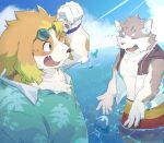  aloha_shirt anthro beach blonde_hair bottomwear canid canine canis clothing crossover domestic_cat domestic_dog duo eyewear felid feline felis fur grey_body grey_fur hair hisaki_(live-a-hero) lifewonders live-a-hero male mammal pattern_clothing pattern_shirt pattern_topwear sakehabera seaside shirt shorts sitri splashing sunglasses tokyo_afterschool_summoners topwear video_games water 