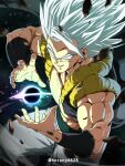  1boy absurdres dragon_ball dragon_ball_super gogeta grin highres horang4628 incoming_attack looking_at_viewer male_focus metamoran_vest muscular muscular_male pants sash smile solo spiked_hair ultra_instinct white_eyes white_hair white_pants 
