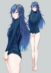  1girl ameno_(a_meno0) bangs barefoot blue_eyes blue_hair blue_sweater blush closed_mouth fire_emblem fire_emblem_awakening grey_background hair_between_eyes long_hair long_sleeves lucina_(fire_emblem) multiple_views naked_sweater parted_lips ribbed_sweater simple_background solo sweater tiara toes turtleneck turtleneck_sweater 