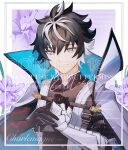  1boy armor background_text bangs black_gloves black_hair blue_eyes cape charlemagne_(fate) chinese_commentary closed_mouth commentary_request fate/extella fate/extella_link fate/extra fate/grand_order fate_(series) floral_background flower gloves highres light_smile looking_at_viewer male_focus multicolored_hair purple_flower short_hair smile two-tone_hair upper_body white_cape white_hair winkr 