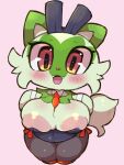  anthro big_breasts blush breasts clothed clothing female green_body hi_res looking_at_viewer nekoyuu nintendo nipples open_mouth pok&eacute;mon pok&eacute;mon_(species) pok&eacute;morph solo sprigatito thick_thighs video_games 