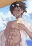 1boy abs absurdres arknights black_hair blue_sky cloud cloudy_sky dark-skinned_male dark_skin earrings food food_on_face highres holding holding_food ice_cream jewelry muscular muscular_male nipples open_clothes open_shirt outdoors shiba257 shirt sky solo thorns_(arknights) utensil_in_mouth white_shirt yellow_eyes 