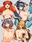  4girls :d absurdres animal_ears arknights arm_tattoo bagpipe_(arknights) black_skin blue_eyes blue_hair braid breasts breasts_apart brown_eyes brown_hair collarbone colored_skin commentary degenbrecher_(arknights) distr dragon dragon_girl dragon_horns english_commentary eyewear_on_head female_pubic_hair floating_hair goat_ears goat_girl goat_horns grey_background hair_between_eyes highres holding horns large_breasts ling_(arknights) long_hair looking_at_viewer medium_breasts multiple_girls nipples one_eye_closed orange_hair pointy_ears pubic_hair pubic_hair_peek purple_eyes sexually_suggestive short_hair sidelocks signature simple_background simulated_handjob smile sunglasses tattoo teeth upper_teeth utage_(arknights) 