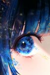  1girl 58_(opal_00_58) bangs blue_eyes blue_hair blue_sclera blunt_bangs close-up cloud colored_sclera continents earth_(planet) eyelashes glowing highres light_particles looking_to_the_side original planet reflection short_hair 