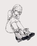  1girl boots braid closed_mouth full_body greyscale high_heel_boots high_heels highres kotoyama long_hair looking_at_viewer monochrome nail_polish nanakusa_nazuna_(yofukashi_no_uta) ringed_eyes simple_background solo white_background yofukashi_no_uta 