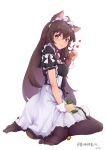  1girl :q absurdres animal_ears black_pantyhose breasts brown_hair full_body highres hinanawi_mika long_hair looking_at_viewer looking_to_the_side maid maid_headdress no_shoes original pantyhose puffy_short_sleeves puffy_sleeves red_eyes short_sleeves sitting soles tail tongue tongue_out wariza 