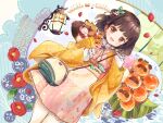  1girl :d animal_on_shoulder bag bangs blush brown_eyes brown_hair dango double_bun flower food frilled_sleeves frills hacosumi hair_bun hair_flower hair_ornament haori highres holding holding_food japanese_clothes kimono lantern long_sleeves neck_ribbon obi open_mouth original ribbon sash short_hair shoulder_bag smile solo thighhighs wagashi wide_sleeves 