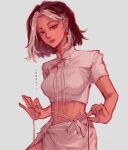  1girl artist_name black_hair breasts collared_shirt ear_piercing highres large_breasts lemntii looking_at_viewer midriff multicolored_hair original parted_lips piercing shirt side-tie_skirt simple_background skirt solo tying upper_body white_background white_hair white_shirt white_skirt 