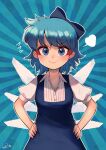  1girl bangs blue_bow blue_dress blue_eyes blue_hair bow carte cirno collared_shirt dress eyeshadow fairy_wings flat_chest hair_bow hands_on_hips highres ice ice_wings lips long_dress makeup pinafore_dress red_eyeshadow shirt short_hair smile solo touhou white_shirt wings 