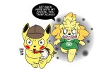  2019 absurd_res angry animal_crossing anthro barefoot beverage blonde_hair canid canine clothing container crossover cup detective_pikachu dialogue english_text feet female floppy_ears hair hat headgear headwear hi_res holding_cup holding_object isabelle_(animal_crossing) looking_at_viewer mammal nintendo open_mouth pikachu pillothestar pok&eacute;mon pok&eacute;mon_(species) running shirt signature simple_background sound_effects speech_bubble teeth text text_on_clothing text_on_shirt text_on_topwear toes topwear video_games white_background 