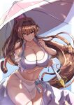  1girl absurdres arm_under_breasts beach_umbrella bikini breasts brown_hair cleavage collarbone flower hair_flower hair_intakes hair_ornament highres huge_breasts kantai_collection kurage_ituki long_hair looking_at_viewer official_alternate_costume propeller red_eyes sarong see-through_sarong sidelocks solo swimsuit umbrella very_long_hair white_bikini wide_hips yamato_(kancolle) yamato_kai_ni_(kancolle) 