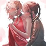  2girls absurdres biting black_hair blonde_hair blush breasts clothes_lift dress ear_blush earpiece highres inoue_takina lifted_by_self lycoris_recoil mouth_hold multiple_girls neck_biting nishikigi_chisato ponytail purple_eyes red_dress red_eyes trembling yeahuzen167 yuri 