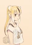  1girl alternate_costume animal_ears arms_at_sides artist_logo black_bra black_hair blonde_hair bra brown_hair circlet collarbone cropped_shirt expressionless extra_ears golden_snub-nosed_monkey_(kemono_friends) high_ponytail kemono_friends kishida_shiki long_hair looking_at_viewer monkey_ears multicolored_hair see-through shirt short_sleeves simple_background solo stomach streaked_hair underwear white_hair 