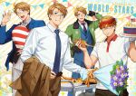  4boys ;d \m/ ahoge america_(hetalia) american_flag axis_powers_hetalia blonde_hair blue_eyes blue_suit bouquet brown_vest cake cheek_bulge cheese_trail copyright_name flower food formal glasses green_jacket grin heart heart_pillow holding holding_bouquet holding_clothes holding_food holding_jacket holding_pizza holding_tray jacket jacket_removed littleb623 male_focus mini_flag multiple_boys multiple_persona one_eye_closed paper_chain party pillow pizza pizza_slice purple_flower smile star_(symbol) striped striped_background suit tray vending_cart vest visor_cap waistcoat waving yellow_flower 