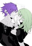  1boy 1girl assertive_female bangs black_shirt blush breast_awe breasts byleth_(fire_emblem) byleth_(fire_emblem)_(female) eyes_visible_through_hair fire_emblem fire_emblem:_three_houses fire_emblem_warriors:_three_hopes green_eyes green_hair hair_over_one_eye hetero highres large_breasts looking_at_breasts medium_hair negiwo purple_eyes purple_hair shez_(fire_emblem) shez_(fire_emblem)_(male) shirt short_hair smile 