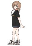  11sayuwan11 1girl alternate_costume bangs black_shirt blue_eyes blue_shorts braid brown_hair full_body grey_footwear hair_between_eyes highres kantai_collection long_hair looking_at_viewer open_mouth shirt shoes short_sleeves shorts simple_background sneakers solo standing t-shirt teruzuki_(kancolle) twin_braids white_background white_footwear 