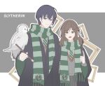  1boy 1girl :d bangs bird black_robe brown_hair closed_mouth crossover green_eyes green_necktie green_scarf grey_skirt grey_vest harry_potter_(series) highres holding holding_brush holding_wand looking_at_viewer marius_von_hagen_(tears_of_themis) necktie open_mouth owl purple_eyes purple_hair robe scarf short_hair skirt slytherin smile tears_of_themis vest wand yingchuan981 