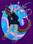  2022 4_toes ambiguous_gender animate_inanimate anthro biped blue_body blue_bottomwear blue_clothing blue_fur blue_hoodie blue_jeans blue_pants blue_topwear bottomwear brown_body brown_fur canid canine clothed clothing denim denim_clothing digitigrade domestic_cat dotted_background duo feet felid feline felis female_(lore) feral fully_clothed fur hi_res hoodie jeans kloshbet_(character) kloshbet_chase mammal one_eye_closed pants pattern_background pawpads paws pepsi-cola_(kloshbet_chase) purple_background purple_body purple_fur simple_background sitting_on_shoulder size_difference solo_focus toes topwear torn_bottomwear torn_clothing torn_jeans torn_pants 
