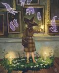  1girl bag black_bag black_hair candle cat fairy_ring fire flame ghost grass hat highres long_sleeves moon mushroom original painting_(object) plaid plaid_skirt plant simz skirt sweater wand witch witch_hat wooden_floor 