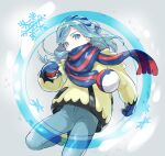  1boy blue_eyes blue_hair blue_mittens boots commentary floating_scarf grusha_(pokemon) highres holding holding_poke_ball jacket leg_up long_hair looking_at_viewer male_focus pants poke_ball poke_ball_(basic) pokemon pokemon_(game) pokemon_sv scarf scarf_over_mouth snowflakes solo symbol-only_commentary upi_(ukn18pkanother) watermark yellow_jacket 