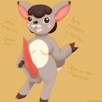  anatomically_correct anatomically_correct_genitalia anatomically_correct_penis animal_crossing animal_genitalia animal_penis balls black_eyes black_nose blush blush_stickers breasts brown_body brown_hair cervid deirdre_(animal_crossing) eyebrows genitals gynomorph hair hooves intersex lunarpanda8686 mammal nintendo orange_background penis simple_background slightly_chubby solo tan_body text video_games 