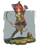  1girl absurdres armlet arrow_(projectile) bangs boots bow_(weapon) breasts choker cleavage closed_mouth crop_top dota_(series) dota_2 full_body green_choker green_eyes green_footwear green_jacket green_scarf green_shorts green_thighhighs grey_background headband highres holding holding_bow_(weapon) holding_weapon jacket looking_at_viewer navel orange_hair quiver scarf short_hair short_sleeves shorts smile solo thighhighs two-tone_background weapon white_background windranger_(dota) yukionetwo 