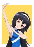  arm_up bangs black_hair blue_swimsuit breasts brown_eyes commentary delicious_party_precure frown girls_und_panzer hairband halterneck head_tilt highres kayabakoro looking_at_viewer one-piece_swimsuit open_mouth outline outside_border pose precure reizei_mako small_breasts standing swimsuit voice_actor_connection white_hairband white_outline yellow_background 