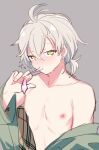  1boy ahoge androgynous blush condom condom_in_mouth grey_background ishihara_usumi jiitarou looking_at_viewer mahjong_soul male_focus mouth_hold nipples short_hair short_ponytail sitting sketch solo sweat topless_male white_hair yellow_eyes 